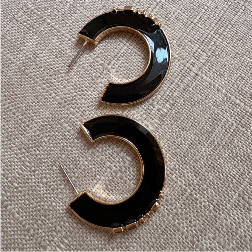Fendi Black Enamel Hoop Earrings with Gold Logo Trim - Picture 7 of 7